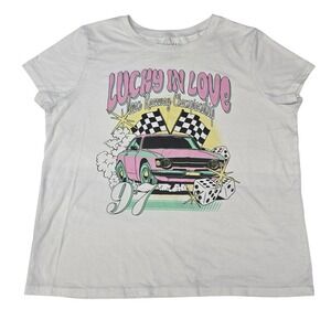 Wound Up Womens Lucky In Love Neon Raceway Graphic Tee White XXL 19